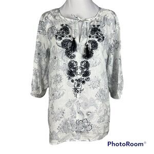 Malvin Hamburg Germany Size M Floral Embroidered Linen Peasant Top Blouse